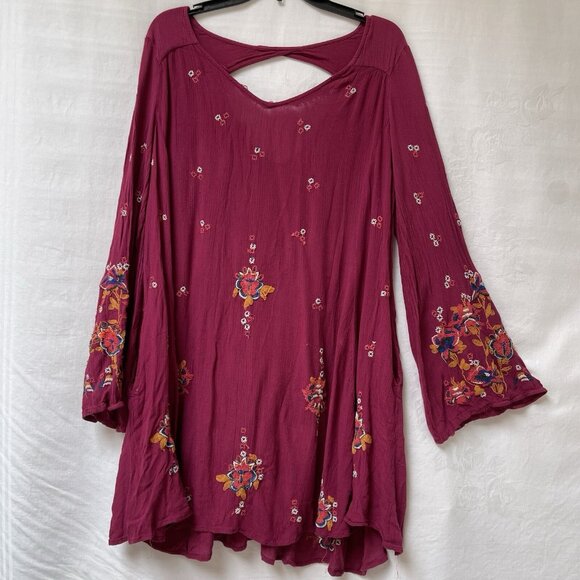 Free People Midi Dress Womens Medium Oxford Embroidered Open Back Long Sleeve - Picture 1 of 8